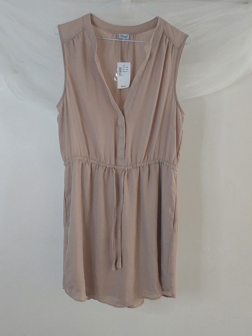 KISMET Tan Sleeveless V-Neck Drawstring Waist Tank Mini Dress, Size Large - Picture 6 of 7
